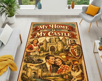 Alfombra "Mi Hogar es Mi Castillo": Tapiz de pared retro vintage, decoración acogedora, alfombra artística con temática de castillo, regalo para el hogar de mediados de siglo