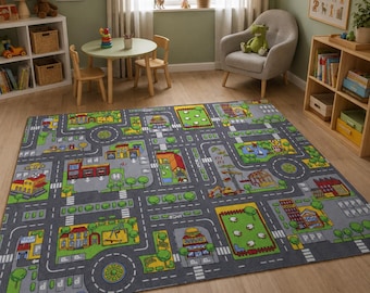 City Road Play Rug for Kids, Interactive Toy Car Play Mat, Washable Non Slip Nursery Carpet, Soft Kids Bedroom Area Rug