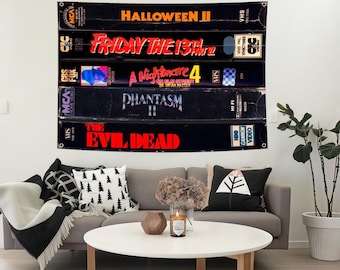 Tapiz de terror retro VHS, decoración de películas de terror de los 80, decoración VHS, decoración de sala de cine, tapiz de cueva de hombre, regalo VHS
