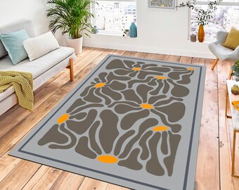 Abstract Floral Area Rug: Gray & Orange Modern Flower Carpet