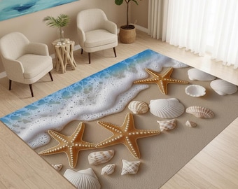 Seashell Starfish Beach Rug, Coastal Ocean Wave Design