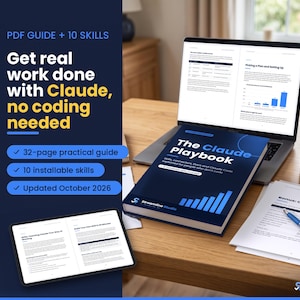 Peut inclure: Un ensemble de produits numériques comprenant The Claude Playbook, un guide pratique de 32 pages et 10 compétences installables. L'affichage inclut un ordinateur portable, une tablette et des documents imprimés avec du texte sur Claude.