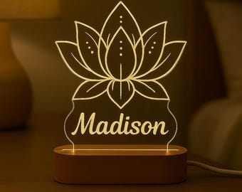 Personalized Lotus Flower LED Night Light: Engraved Acrylic, Yoga Decor