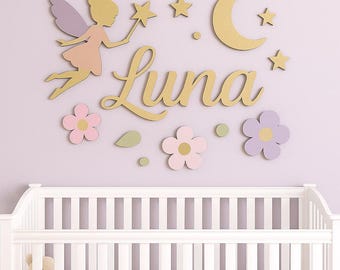 Fairy Wall Sign for Nursery – Personalized Wooden Baby Name Decor with Stars & Fairy Wings