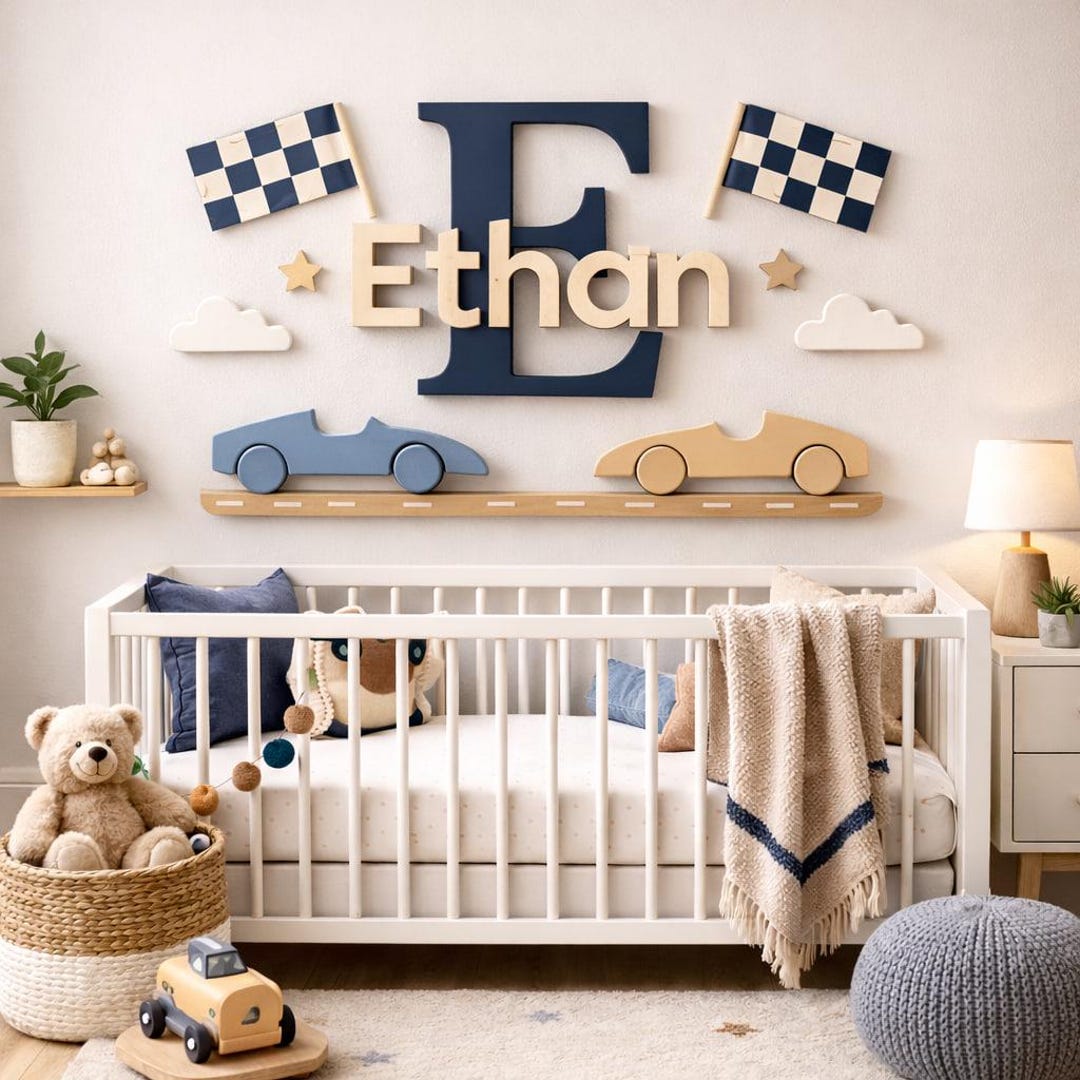 Personalized Race Car Name Sign, Wooden Nursery Wall Decor, Toddler Boy ...
