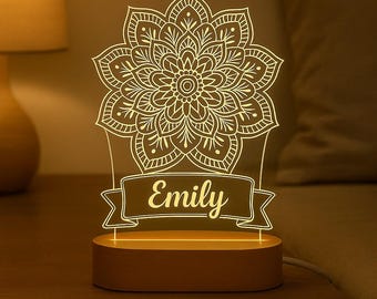 Lampka nocna Mandala – spersonalizowana akrylowa lampa LED, dekoracja sypialni w stylu boho, duchowy prezent do medytacji