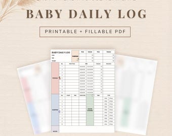 Könnte beinhalten: Eine druckbare und ausfüllbare PDF-Vorlage für ein tägliches Baby-Logbuch. Die Vorlage enthält Abschnitte für Fütterung, Schlaf und Windelwechsel. Der Text "Baby Daily Log" wird in großen, fetten Buchstaben angezeigt. Die Worte "Easy & Ready to Use Template" sind ebenfalls sichtbar.