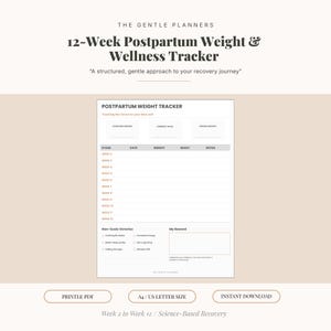 May include: A digital 12-week postpartum weight and wellness tracker. The design includes sections for tracking weight, waist measurements, and notes. It also features non-scale victories and a reward section. Available in A4/US letter size.