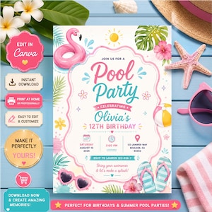 May include: A rectangular invitation card for a pool party celebrating Olivia's 12th birthday on 10 August 2024. The design features a pink flamingo float, tropical leaves, hibiscus flowers, a beach ball, and flip-flops in a summer theme.