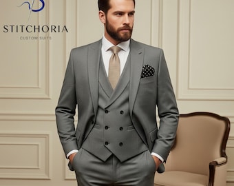Men's Gray 3-Piece Suit: Custom Tailored Double Breasted Wedding Suit