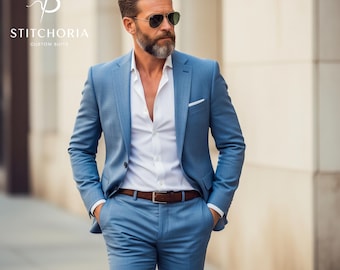 Men's Light Blue 2-Piece Suit: Custom Tailored Wedding Formal Wear