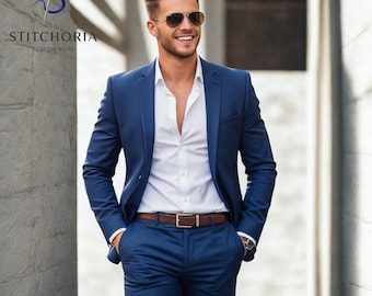 Men's Custom-Tailored Navy Blue Suit: Slim Fit Wedding & Formal Wear