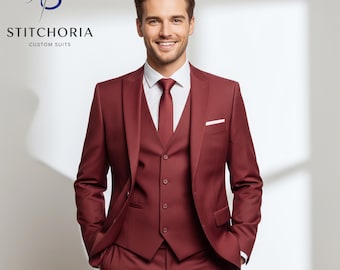 Men's Wine Red 3-Piece Suit: Custom-Tailored Wedding Formal Wear