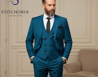 Men's Teal Blue 3-Piece Suit: Custom Tailored Double Breasted Wedding Suit