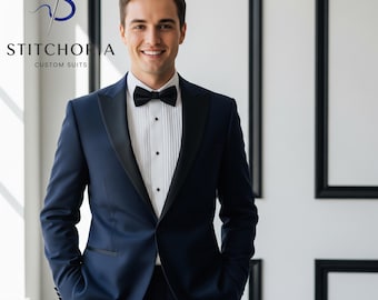 Men's Navy Blue Tuxedo Suit: Custom Tailored Wedding Formal Wear