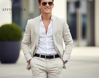 Men's Cream 2-Piece Suit: Custom Tailored Wedding Formal Wear