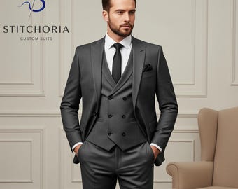 Men's Dark Gray 3-Piece Suit: Custom Tailored Double Breasted Wedding Suit