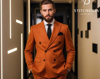 Stylish Men's Orange Double Breasted Suit - Tailored Fit, the