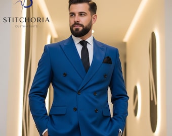 Men's Blue Double Breasted Suit: Custom-Tailored Wedding Formal Wear