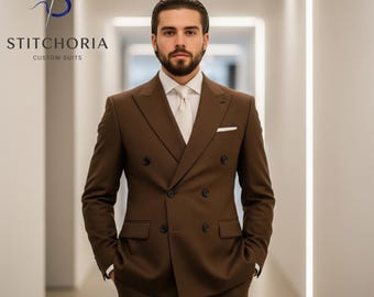 Men's Brown Double Breasted Suit: Custom Tailored Wedding Formal Wear