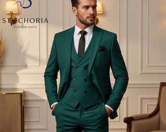 Men's Royal Green Suit: Custom Tailored Double Breasted Wedding Suit