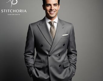 Men's Grey Double Breasted Suit: Custom Tailored Wedding Formal Wear