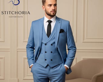 Men's Sky Blue 3-Piece Suit: Custom Tailored Double Breasted Wedding Suit