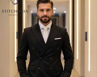 Men's Black Double Breasted Suit: Custom Tailored Wedding Formal Wear