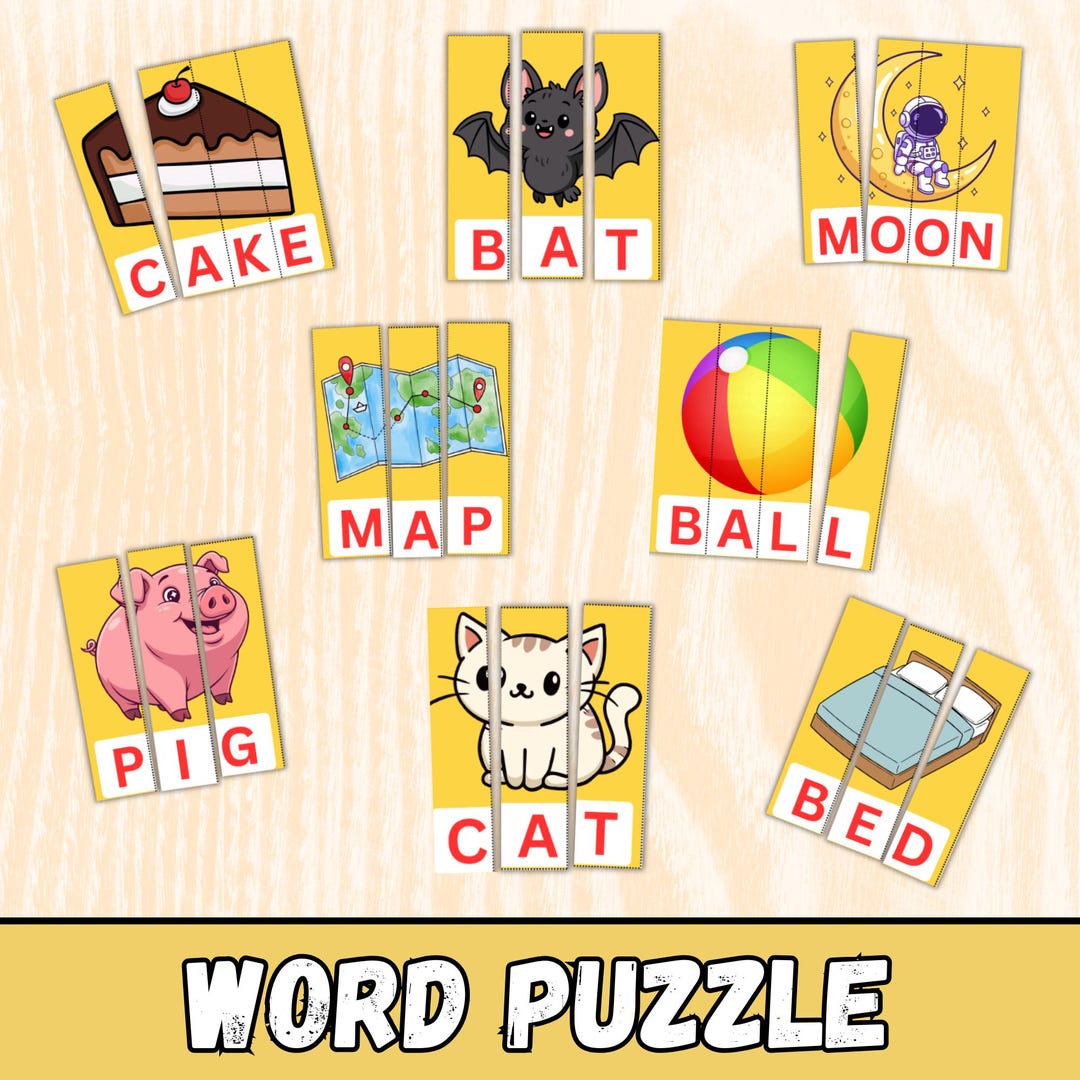 Word Puzzle Printable Activity, Phonics Reading Practice, Kids Matching ...