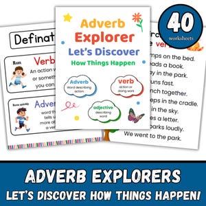 Könnte beinhalten: Lehrreiche Arbeitsblätter mit dem Titel "Adverb Explorer" mit farbenfrohen Illustrationen. Der Haupttitel lautet "Let's Discover How Things Happen". Enthält Definitionen von Adverbien, Verben und Adjektiven. Eine kreisförmige Grafik zeigt "40 Arbeitsblätter".