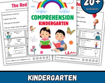 Puede incluir: Hojas de trabajo de comprensión para jardín de infancia con ilustraciones coloridas. La portada presenta un arcoíris, nubes y niños leyendo. Las hojas de trabajo incluyen ejercicios de comprensión lectora y indicaciones de escritura. El texto "20+ hojas de trabajo".