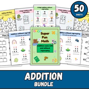 Puede incluir: Una colección de coloridas hojas de trabajo de matemáticas para la suma, con problemas con y sin reagrupación. Las hojas de trabajo están diseñadas con ilustraciones divertidas y el texto "Super Fun Math" es visible en la portada. El paquete incluye 50 hojas.
