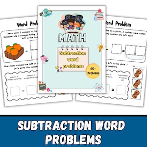 Pode incluir: Folhas de exercícios educacionais para problemas de palavras de subtração. A capa apresenta a palavra "MATH" com ilustrações de crianças, um quadro-negro e um livro. As folhas de exercícios incluem problemas com laranjas e biscoitos.