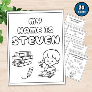 May include: Black and white coloring book with the text "MY NAME IS STEVEN" and illustrations of books, a pencil, and a child. Includes 20 sheets with name-related activities.