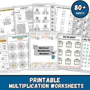 May include: A collection of printable multiplication worksheets. The worksheets include various multiplication problems, including 2-digit by 1-digit, and multiplication wheels. The image also features the text "Multi Level Multiplication Worksheet" and "80+ Sheets".