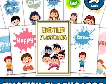 50 kart uczuć, drukowane fiszki z emocjami dla dzieci, zajęcia SEL i Calming Corner, wykres emocji Montessori, materiały do druku dla przedszkolaków