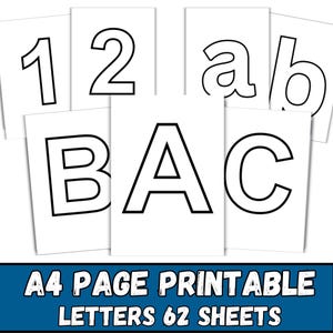 Peut inclure: Cartes blanches avec des contours noirs des chiffres 1 et 2, et des lettres a, b, B, A et C. Les cartes sont disposées en chevauchement. Le bas de l'image contient le texte : A4 PAGE PRINTABLE LETTERS 62 SHEETS.