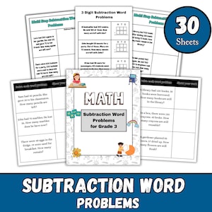 Könnte beinhalten: Eine Sammlung von 30 Arbeitsblättern mit Subtraktionswortaufgaben für die 3. Klasse. Die Arbeitsblätter enthalten mathematische Aufgaben mit Illustrationen und Text, die für den Unterricht geeignet sind. Der Titel "Subtraktionswortaufgaben" ist deutlich sichtbar.