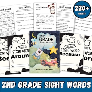 Può includere: Una raccolta di quaderni di esercizi e fogli di lavoro di 2a elementare Sight Words. La copertina del quaderno principale presenta un razzo, un aereo e una stella su uno sfondo di cielo notturno. Il testo "2nd Grade Sight Words" è ben visibile.