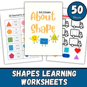 Può includere: Fogli di lavoro educativi per l'apprendimento delle forme. L'immagine mostra tre diversi fogli di lavoro. Un foglio di lavoro ha il testo "Let's Learn About Shape" con forme di cartoni animati. Un altro foglio di lavoro ha forme da cerchiare.