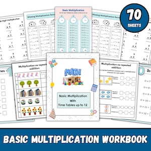 Op de afbeelding: Een verzameling educatieve werkboeken voor basisvermenigvuldiging. De omslag toont het woord "MATH" en de titel "Basic Multiplication With Time Tables up to 12". De werkboeken bevatten verschillende vermenigvuldigingsoefeningen.