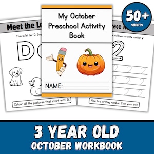 Może przedstawiać: Książka z zajęciami przedszkolnymi zatytułowana "My October Preschool Activity Book" z kreskówkową dynią i ołówkiem na okładce. Książka zawiera strony do śledzenia liczb i kolorowania. Tekst "3 YEAR OLD OCTOBER WORKBOOK" znajduje się na dole.
