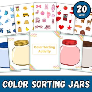 Puede incluir: Un conjunto de imprimibles educativos coloridos para niños. La imagen presenta hojas con varias ilustraciones, incluyendo un autobús escolar, una mariposa y un corazón rojo. También se ve el texto "Color Sorting Activity" y "Color Sorting Jars".