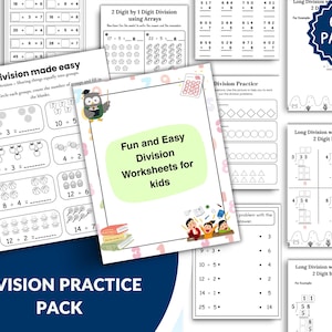 Op de afbeelding: Een verzameling werkbladen over delen voor kinderen, met verschillende wiskundige problemen en oefeningen. De omslag van het belangrijkste werkbladpakket luidt "Fun and Easy Division Worksheets for kids". Het pakket bevat meer dan 60 pagina's met oefenopgaven.