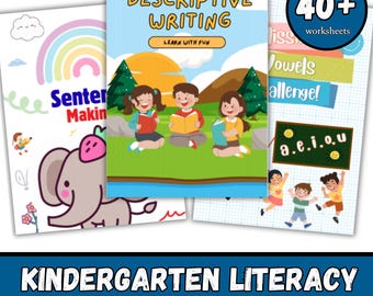 Kindergarten Literacy Worksheets | Short Vowels, Sentence & Descriptive Writing + Reading Comprehension Activities