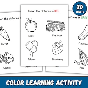 Preschool Color Learning Activity Worksheets, Toddler Busy Book, 20 Coloring Pages (Digital Download)