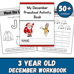 Puede incluir: Un libro de actividades preescolares titulado "My December Preschool Activity Book" con una ilustración de Papá Noel y un lápiz. El libro incluye hojas de trabajo con el texto "50+ worksheets" y "3 YEAR OLD DECEMBER WORKBOOK".