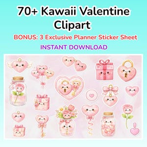 Può includere: Illustrazioni di clipart di San Valentino Kawaii rosa. L'immagine presenta cuori, confezioni regalo, lucchetti, chiavi e fiori. Il testo in alto recita "70+ Kawaii Valentine Clipart". Sotto, il testo recita "BONUS: 3 Exclusive Planner Sticker Sheet INSTANT DOWNLOAD".
