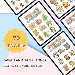 Afdrukbare plannerstickers kawaii dieren | Schattige pastelkleurige huisdieren, wilde dieren, zeedieren, insecten en fantasiewezens | Digitale, transparante png