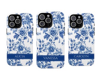 Personalized Blue Floral Phone Case: Vintage Botanical iPhone, Samsung, Pixel - Tough & MagSafe